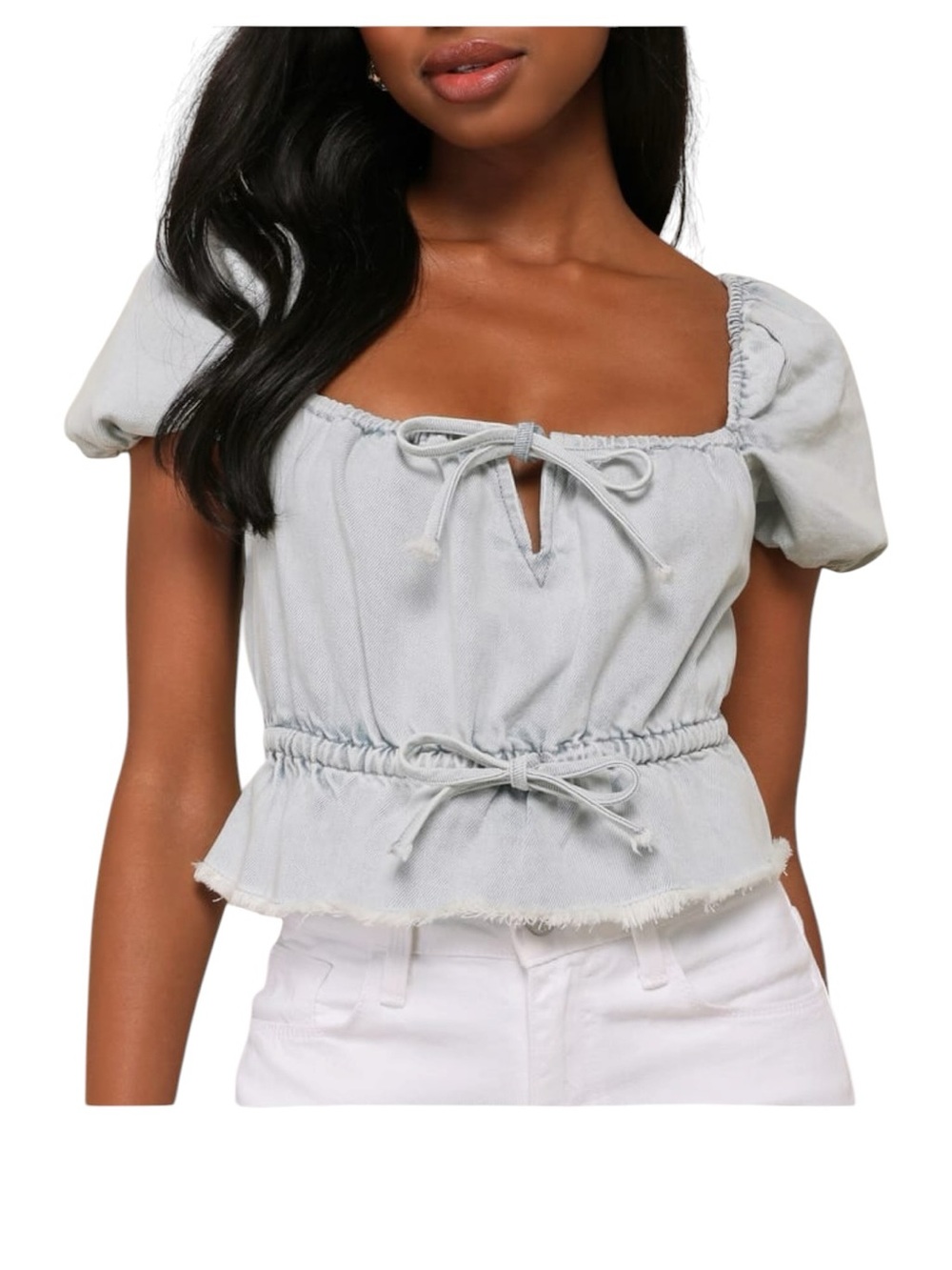 Lulu’s NWY Light Blue Denim Puff-Sleeve Tie-Front Peplum Top